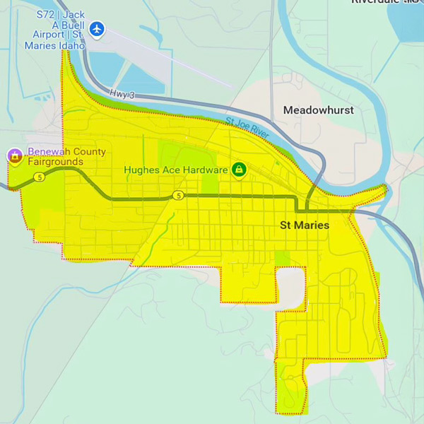 Map of Benewah County area in Idaho, showing detailed geographic features and major routes, provided by Reliant Healthcare Coeur d'Alene.