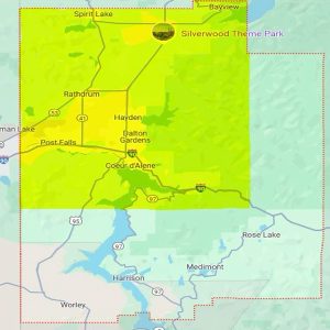 Map of Kootenai County area in Idaho, highlighting key geographical details and main transportation routes, presented by Reliant Healthcare Coeur d'Alene.